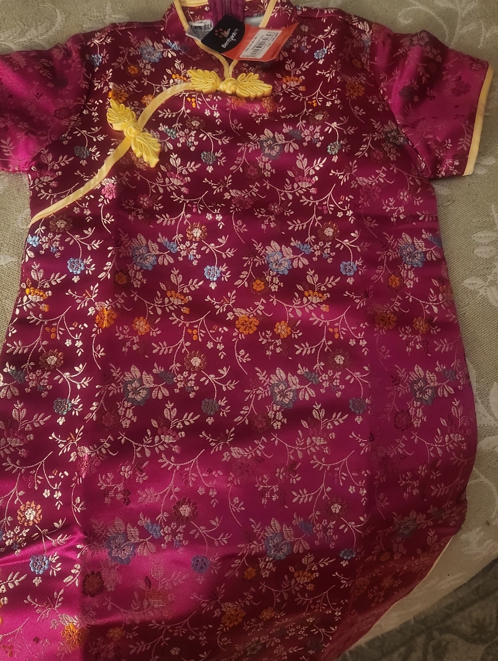 Fuchsia Floral Satin Cheongsam Dress with Yellow Trim